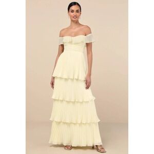 Lulus Always Remarkable Pale Yellow Off-the-Shoulder Tiered Maxi Dress Size XL